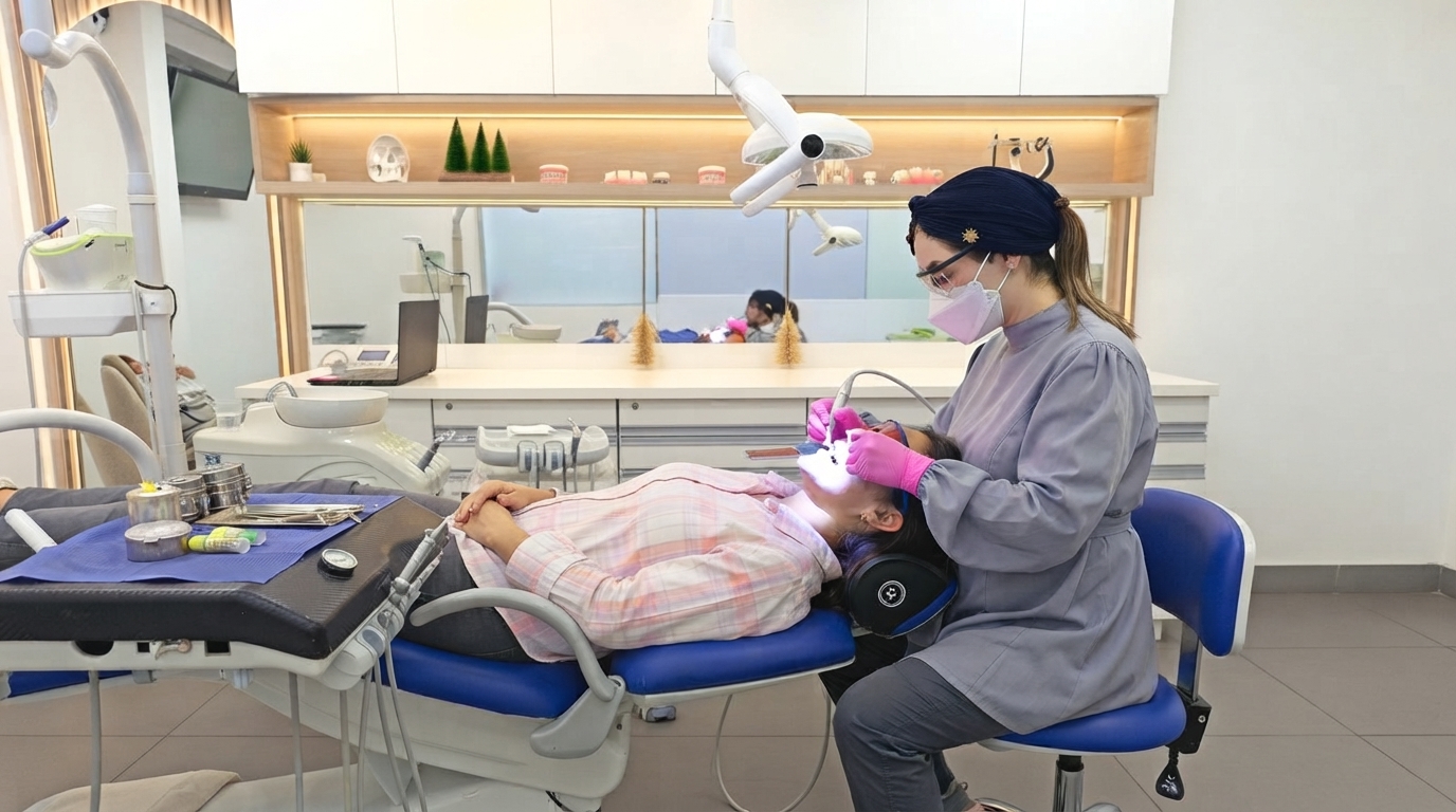 Dentista atendiendo a un paciente en una clínica moderna